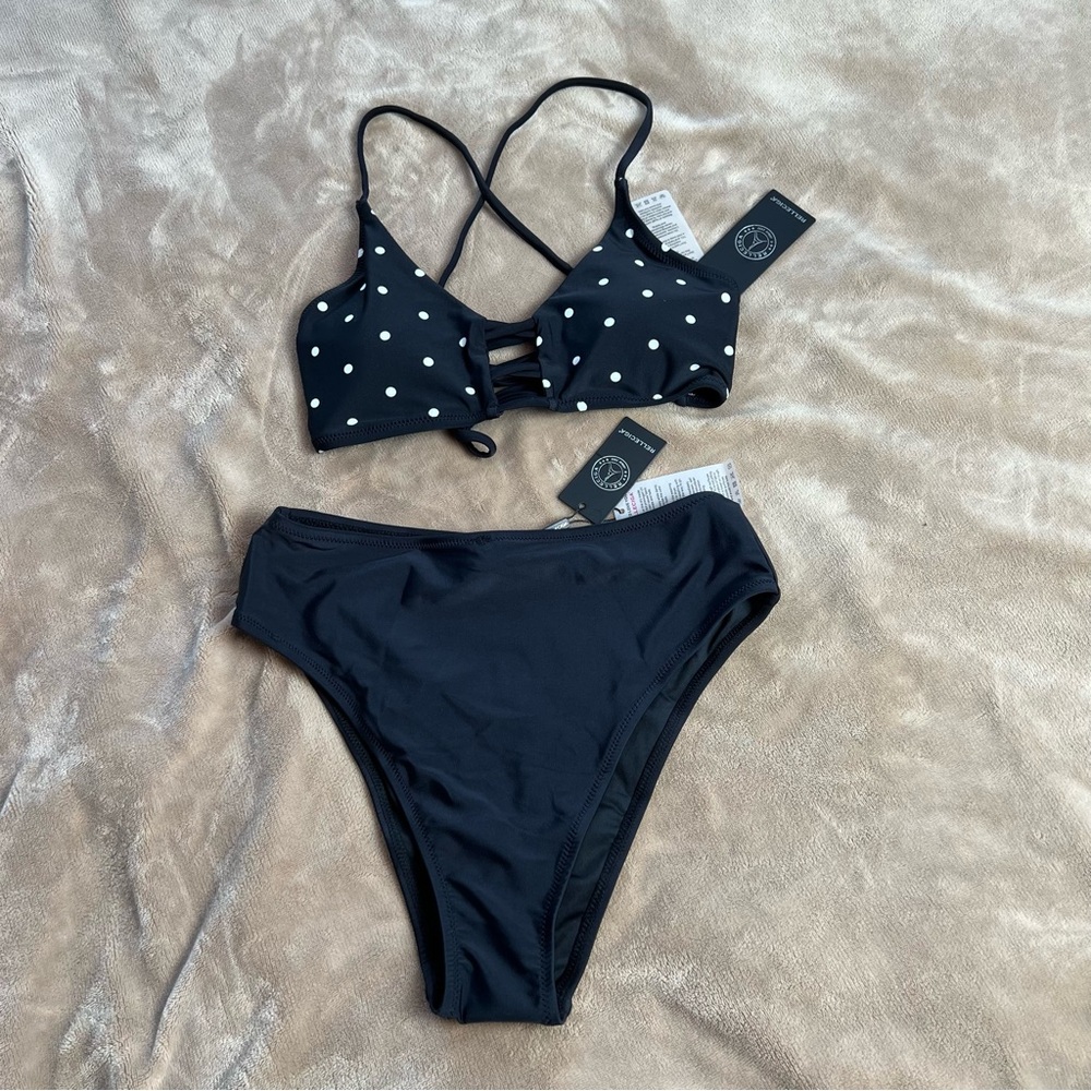 RELLECIGA Black and White Polka Dot High-Waisted Strappy Bikini - Size S